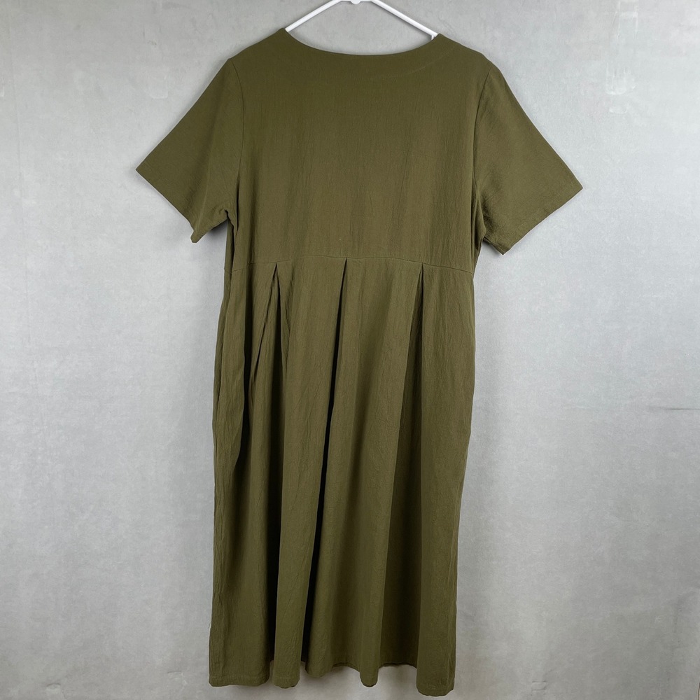 Olive Green Empire Waist Pleated Peasant Cottage Midi Dress Pockets S/S Lagen M - Picture 3 of 7